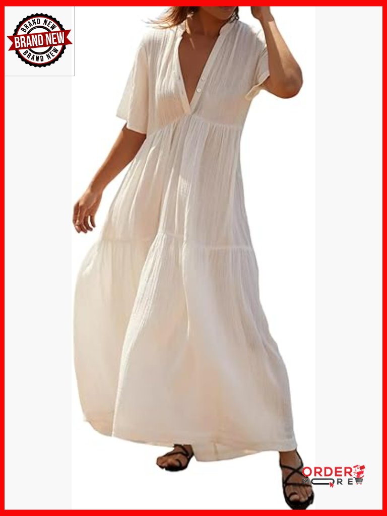 Women's Cotton Flowy Maxi Dress Short Sleeve V Neck Empire Waist Boho Tiered